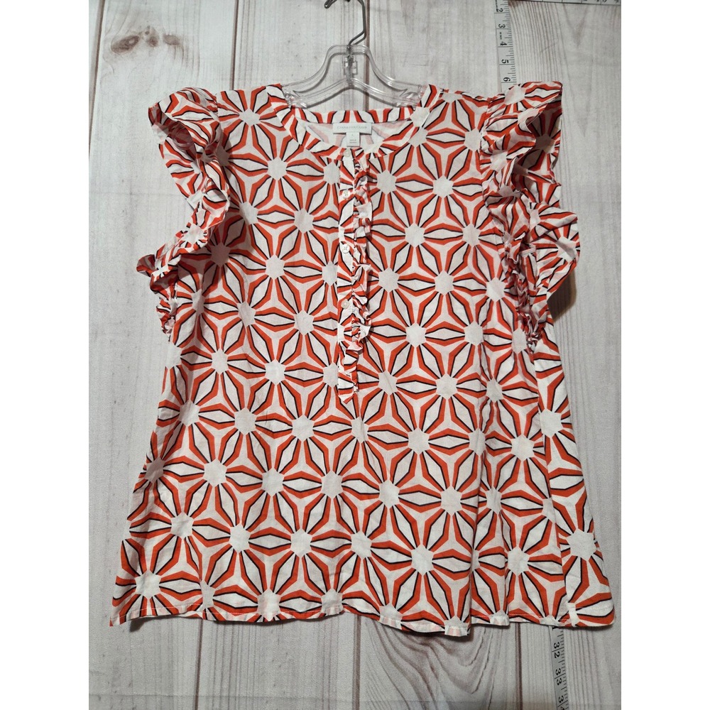Charter Club Women's Orange Geometric Print Ruffle Sleeve Pop Over Top Size L